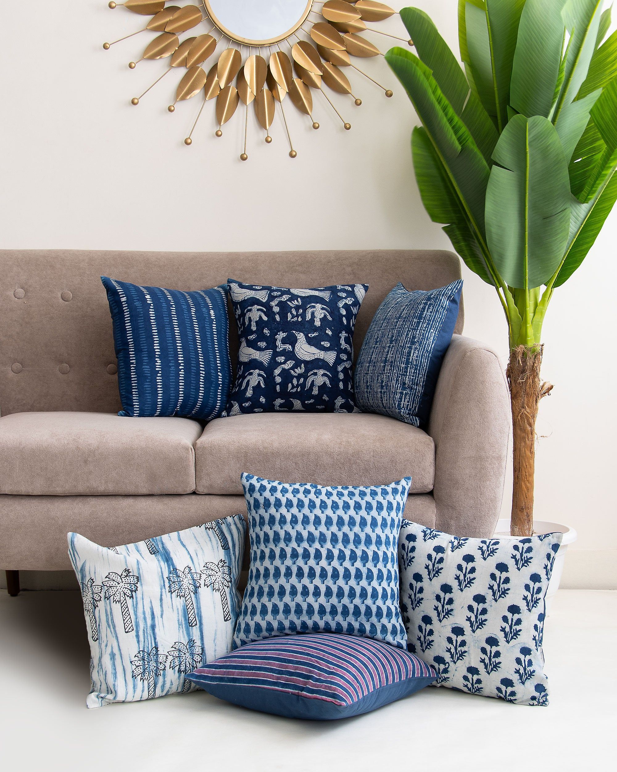 Assorted Indigo Hand Block Printed Cotton Cushion Cover